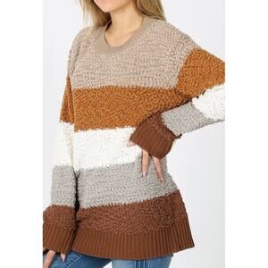 Zenana Premium Women's Brown Striped Chenille Cozy Long Sweater, S
